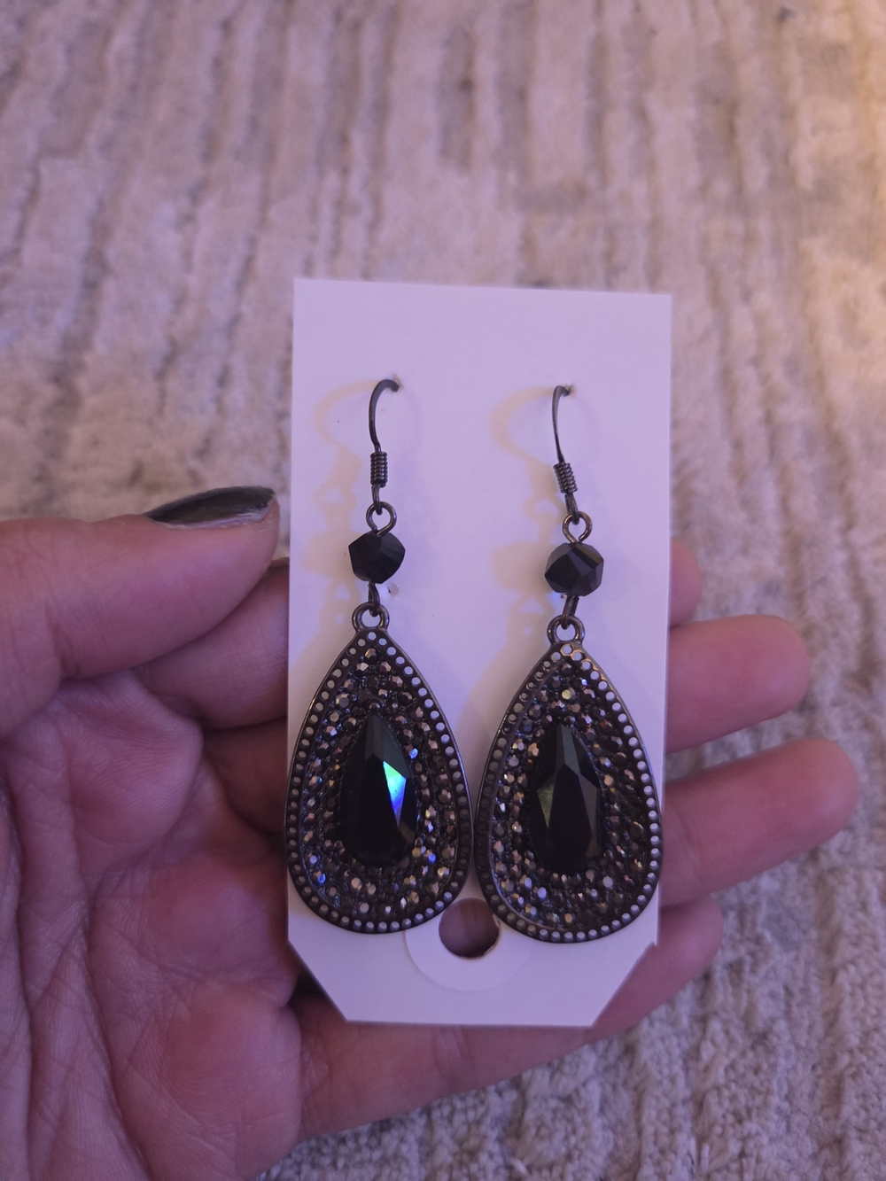 Black Teardrop Crystal Dangle Earrings - Unbranded